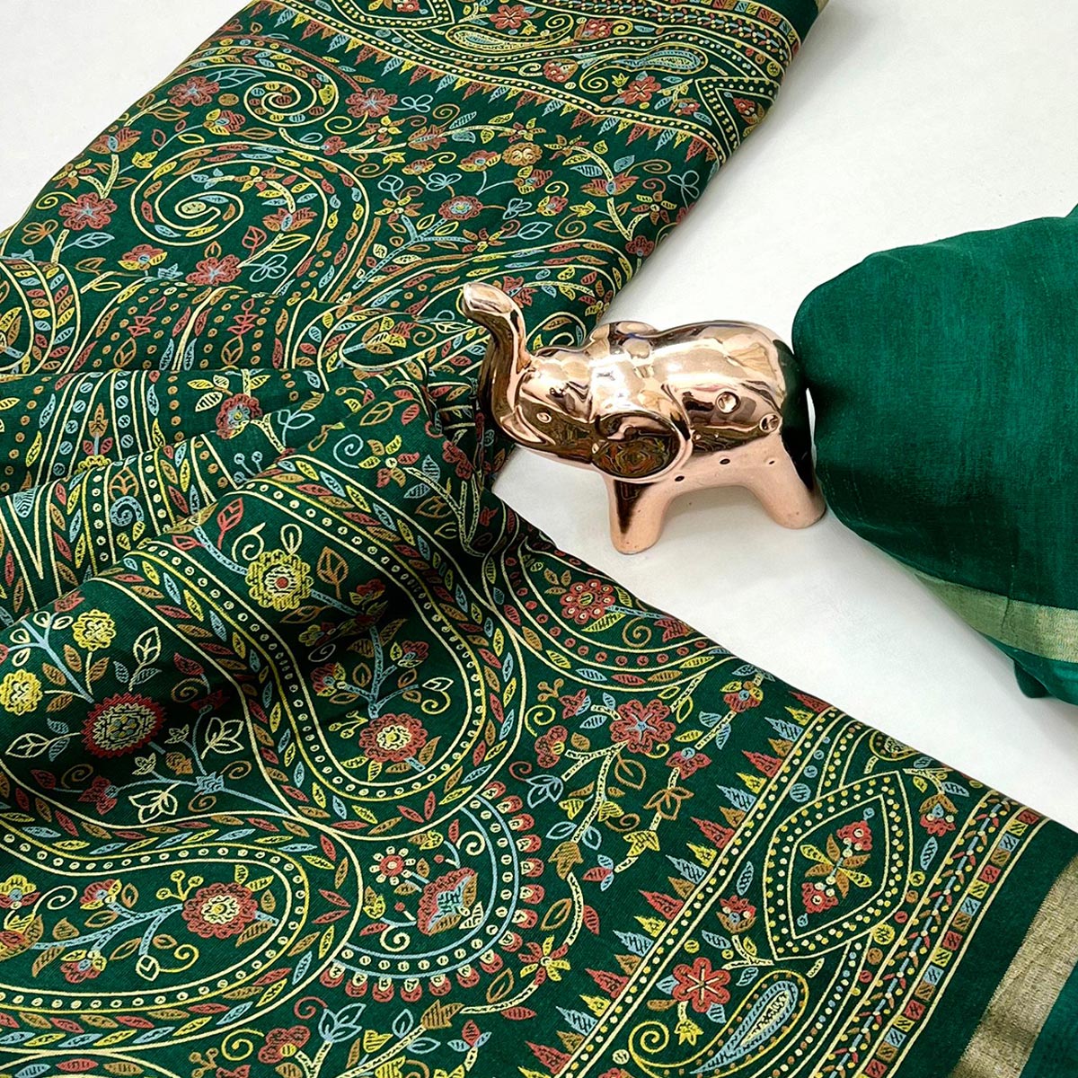 Green Floral Printed Dola Kashmiri Dola Silk Saree Highlighted With Rich Golden Zari Border