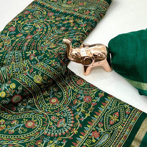 Green Floral Printed Dola Kashmiri Dola Silk Saree Highlighted With Rich Golden Zari Border