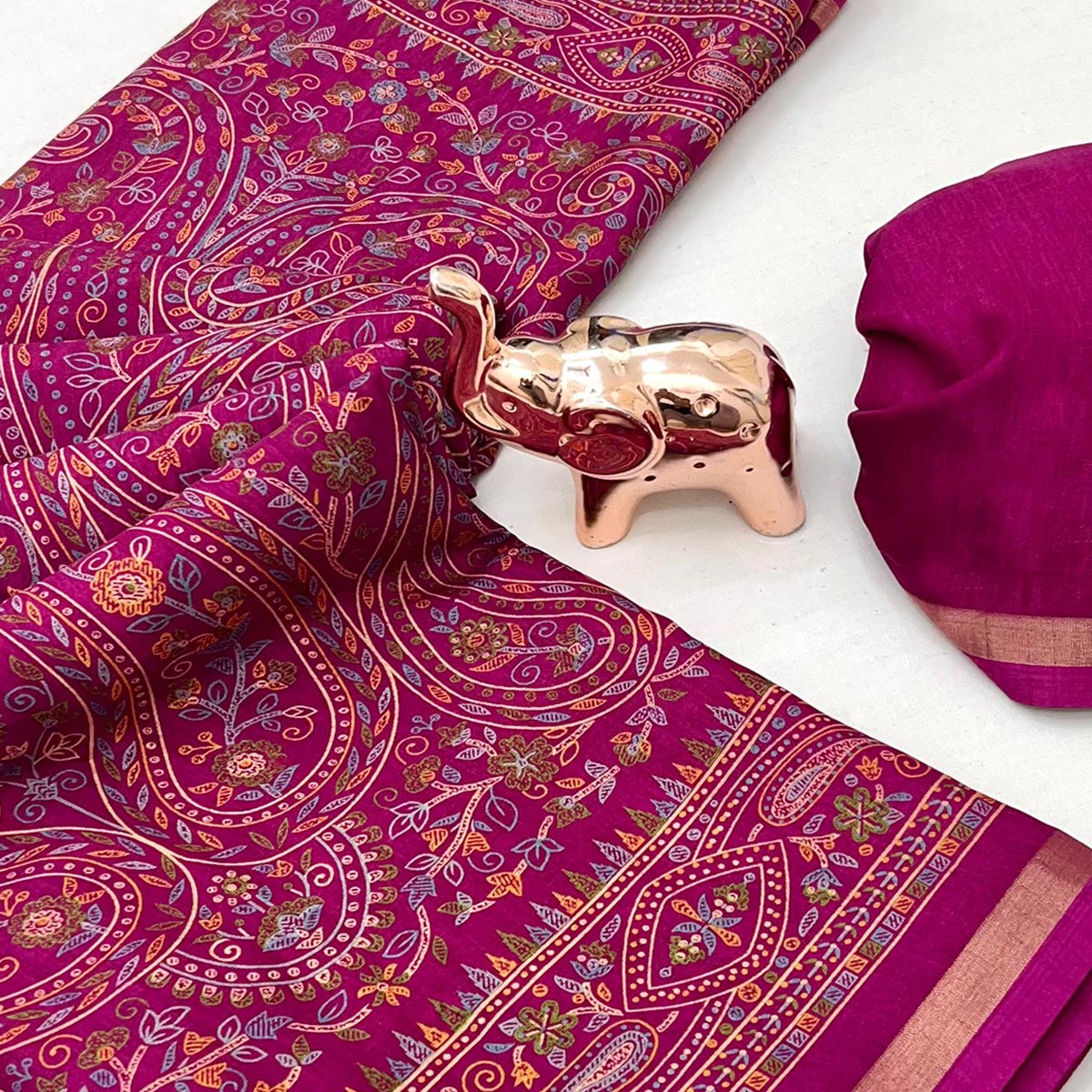 Dark Magenta Floral Printed Dola Kashmiri Dola Silk Saree Highlighted With Rich Golden Zari Border