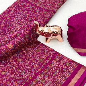Dark Magenta Floral Printed Dola Kashmiri Dola Silk Saree Highlighted With Rich Golden Zari Border