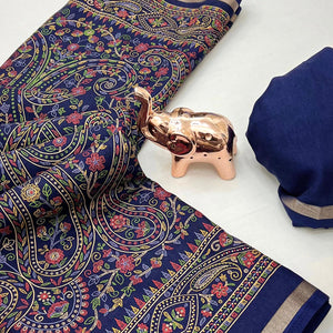 Navy Blue Floral Printed Dola Kashmiri Dola Silk Saree Highlighted With Rich Golden Zari Border
