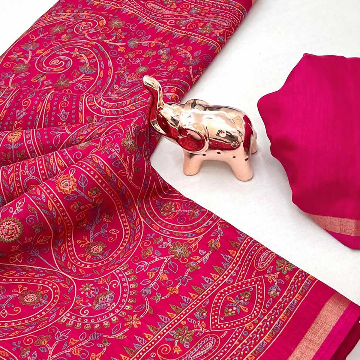 Pink Floral Printed Dola Kashmiri Dola Silk Saree Highlighted With Rich Golden Zari Border