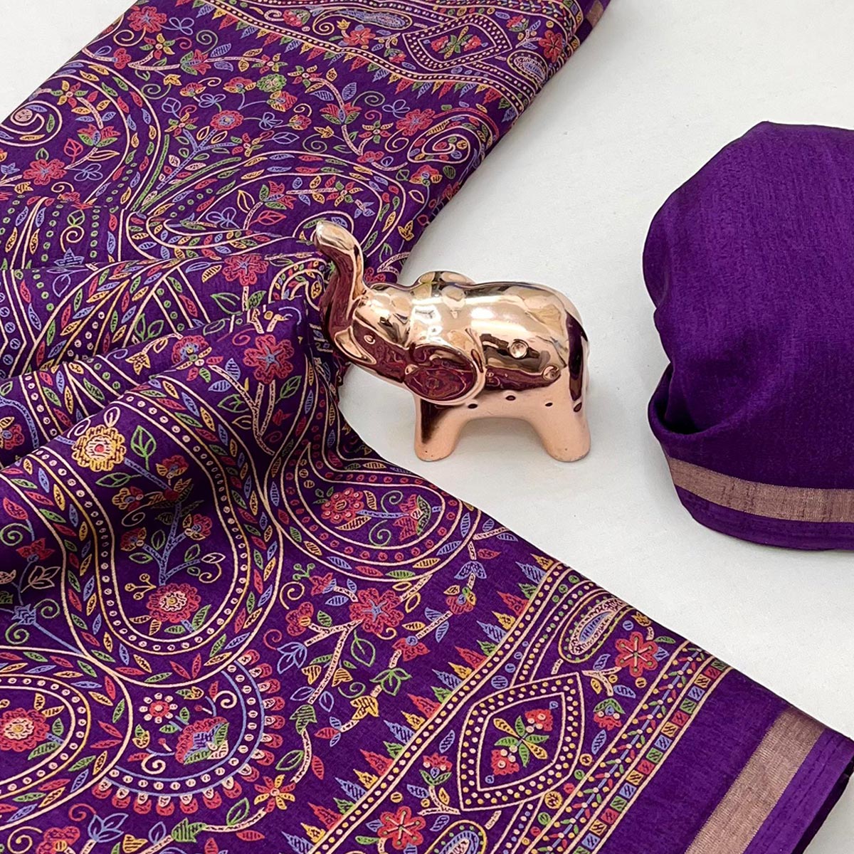 Purple Floral Printed Dola Kashmiri Dola Silk Saree Highlighted With Rich Golden Zari Border