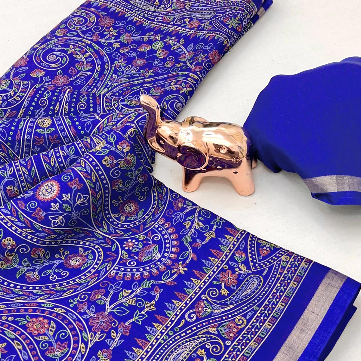 Royal Blue Floral Printed Dola Kashmiri Dola Silk Saree Highlighted With Rich Golden Zari Border