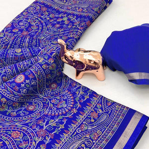 Royal Blue Floral Printed Dola Kashmiri Dola Silk Saree Highlighted With Rich Golden Zari Border