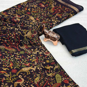 Black Tussar Silk Blend Saree with Intricate Floral & Bird Kashmiri Print & Elegant Zari Border