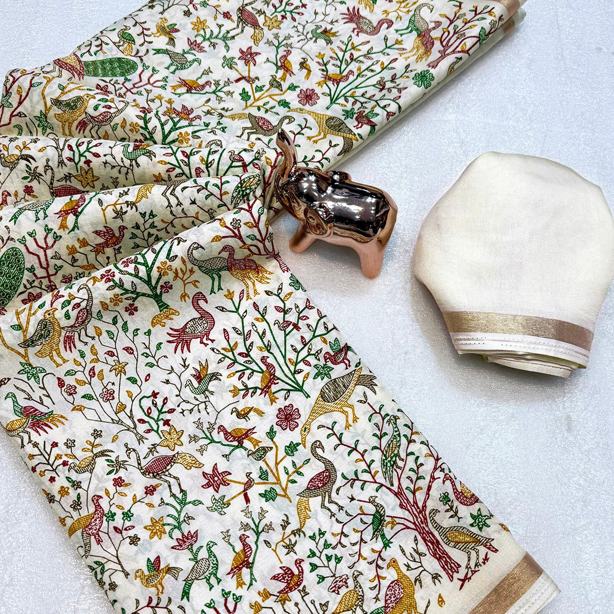 Cream Tussar Silk Blend Saree with Intricate Floral & Bird Kashmiri Print & Zari Border