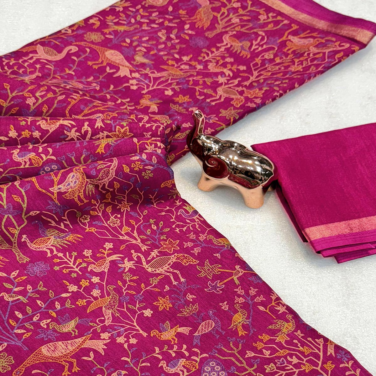 Dark Magenta Tussar Silk Blend Saree with Intricate Floral & Bird Kashmiri Print & Zari Border