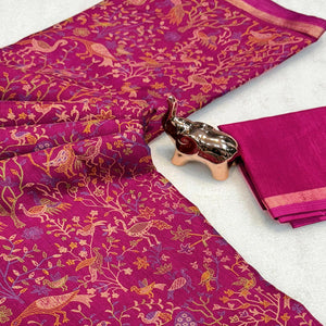 Dark Magenta Tussar Silk Blend Saree with Intricate Floral & Bird Kashmiri Print & Zari Border