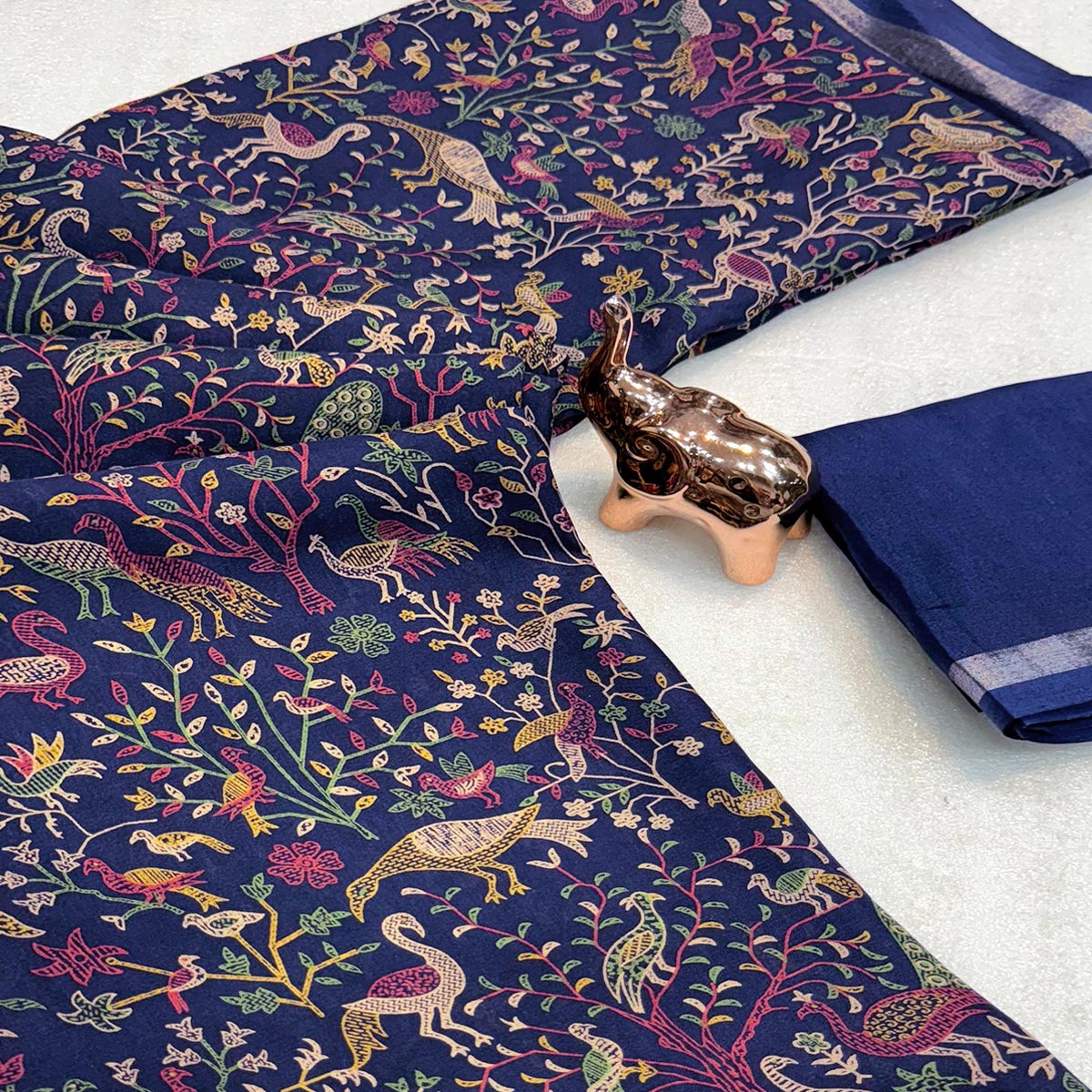Navy Blue Tussar Silk Blend Saree with Intricate Floral & Bird Kashmiri Print & Elegant Zari Border