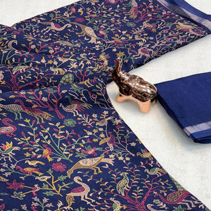 Navy Blue Tussar Silk Blend Saree with Intricate Floral & Bird Kashmiri Print & Elegant Zari Border