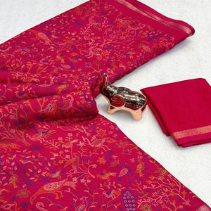 Pink Tussar Silk Blend Saree with Intricate Floral & Bird Kashmiri Print & Elegant Zari Border