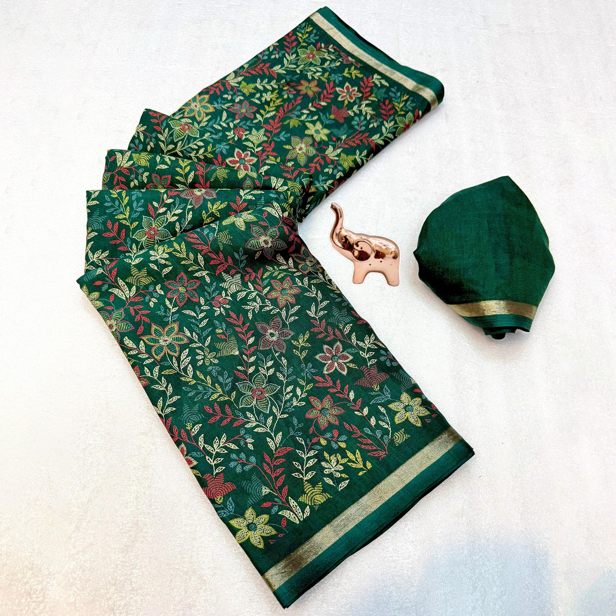 Green Kashmiri Inspired Floral Printed Tussar Silk Saree for Ethnic Occasions