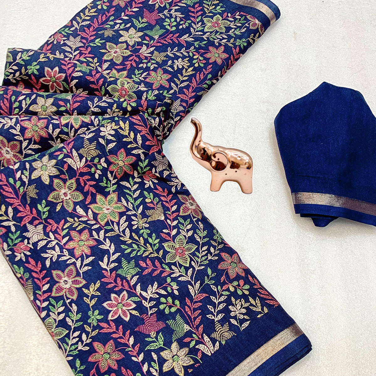 Navy Blue Kashmiri Inspired Floral Printed Tussar Silk Saree for Ethnic Occasions