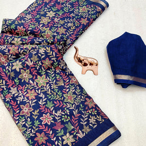 Navy Blue Kashmiri Inspired Floral Printed Tussar Silk Saree for Ethnic Occasions