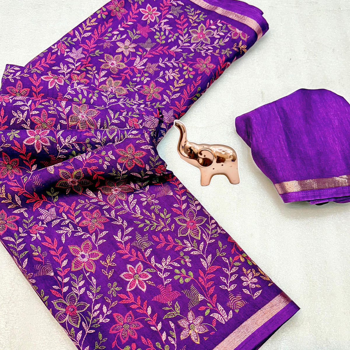 Purple Kashmiri Inspired Floral Printed Tussar Silk Saree for Ethnic Occasions