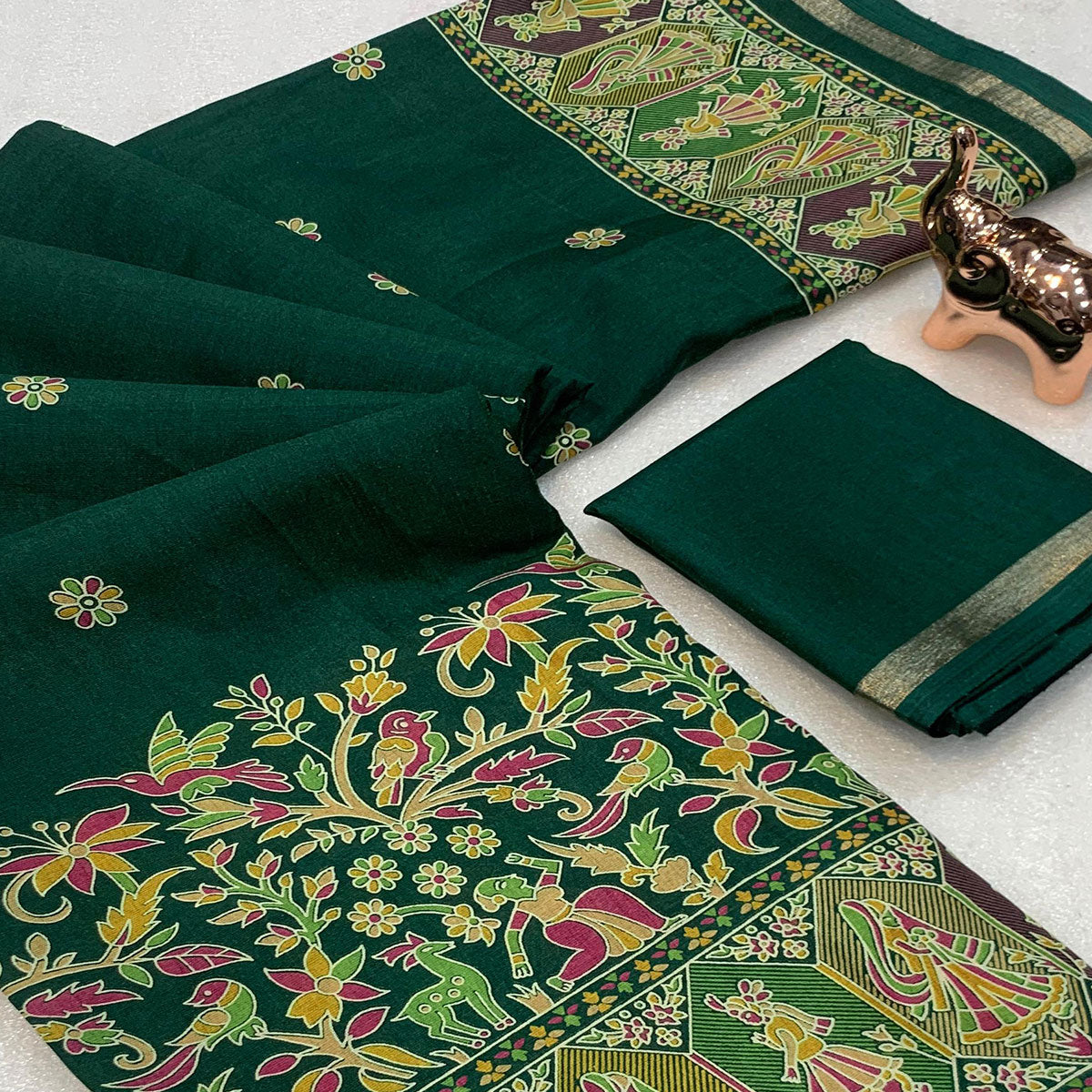 Green Cotton Blend Saree with Ethnic Kashmiri Inspired Paisley Design