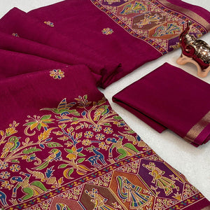 Magenta Cotton Blend Saree with Ethnic Kashmiri Inspired Paisley Design