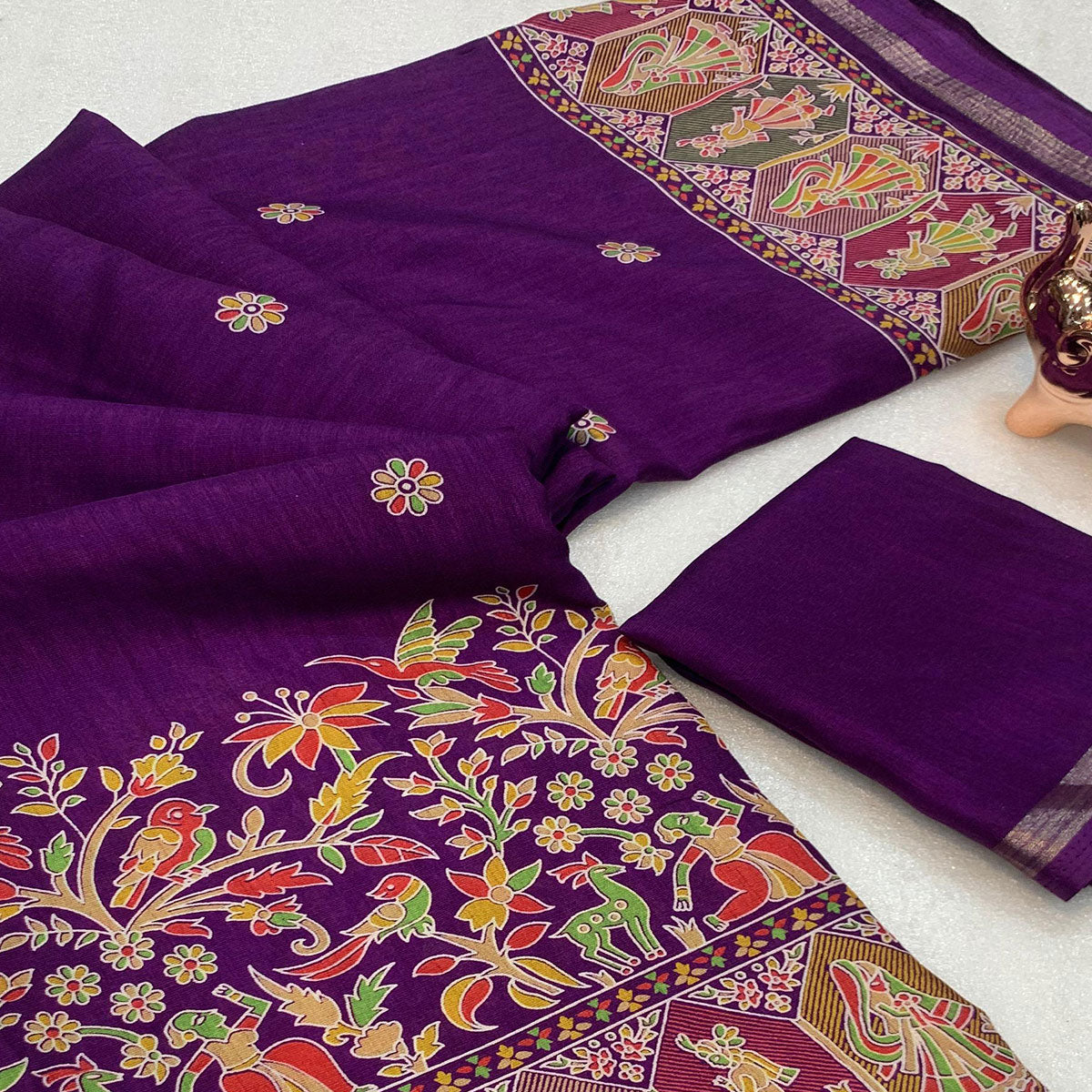 Purple Cotton Blend Saree with Ethnic Kashmiri Inspired Paisley Design