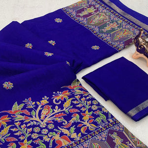 Royal Blue Cotton Blend Saree with Ethnic Kashmiri Inspired Paisley Design