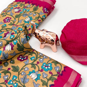 Mustard Floral Printed Tussar Silk Blend Saree Enhanced With Intricate Zari Border Work