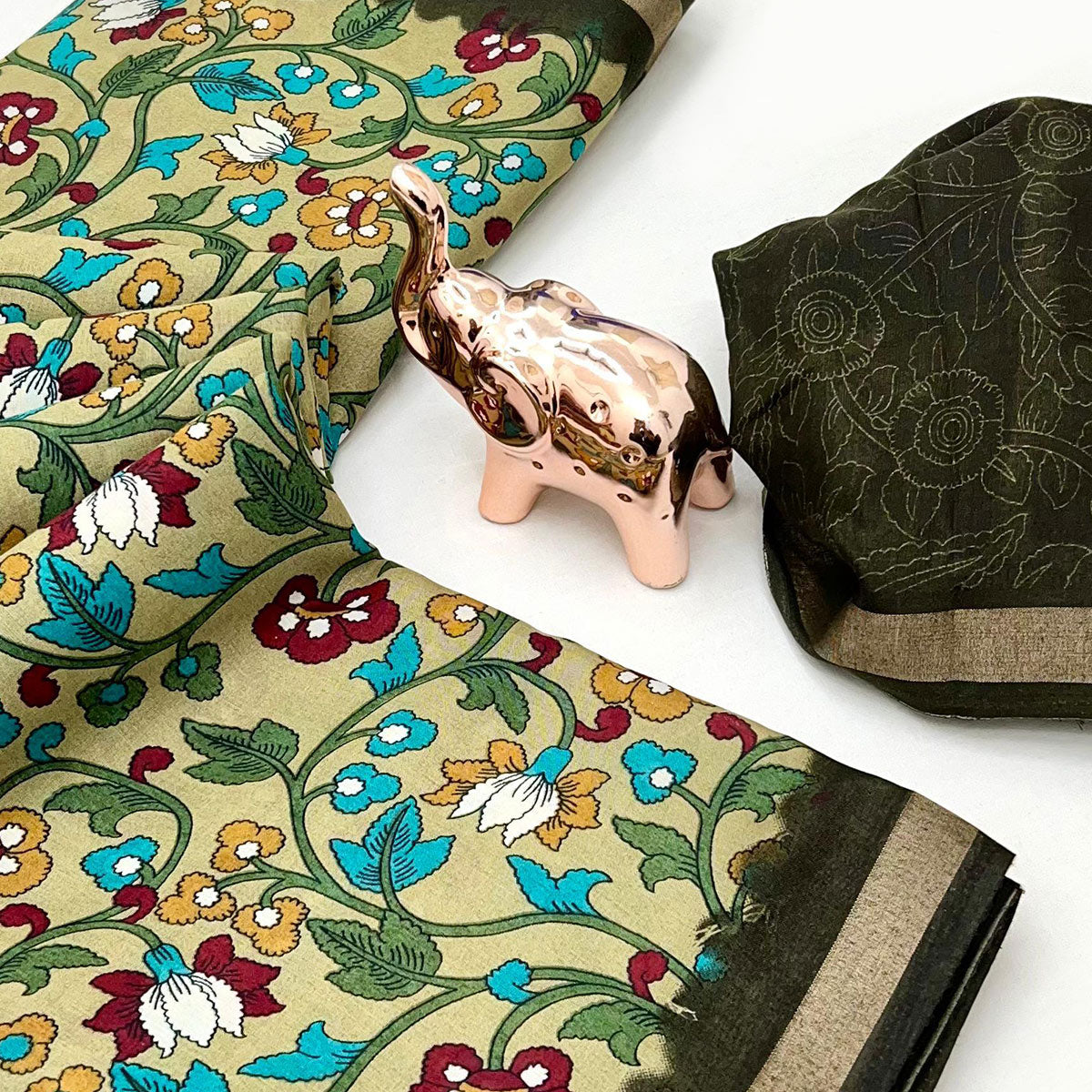 Pista Green Floral Printed Tussar Silk Blend Saree Enhanced With Intricate Zari Border Work