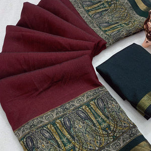 Maroon Solid Maheshwari Silk Blend Saree Adorned With Ajrakh Print & Two Tone Finish