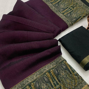 Wine Solid Maheshwari Silk Blend Saree Adorned With Ajrakh Print & Two Tone Finish