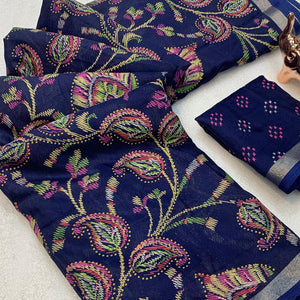 Navy Blue Maheshwari Silk Blend Saree Adorned With Elegant Floral Print & Two Tone Finish