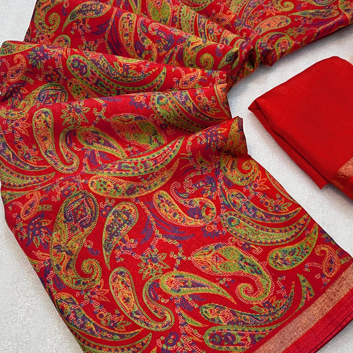 Red Cotton Blend Saree with Ethnic Kashmiri-Inspired Paisley Design