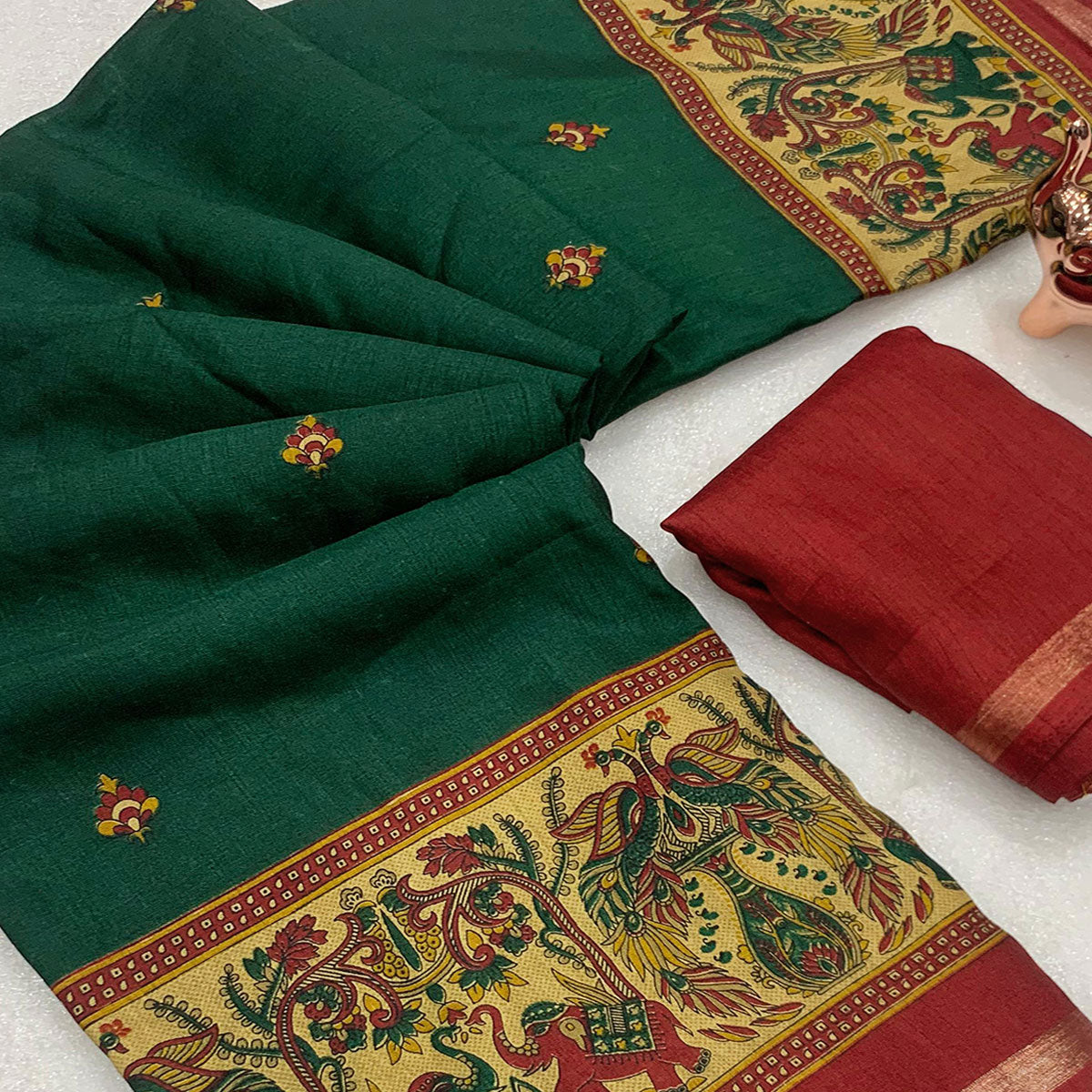 Green Cotton Blend Saree with Ethnic Kashmiri-Inspired Paisley Design