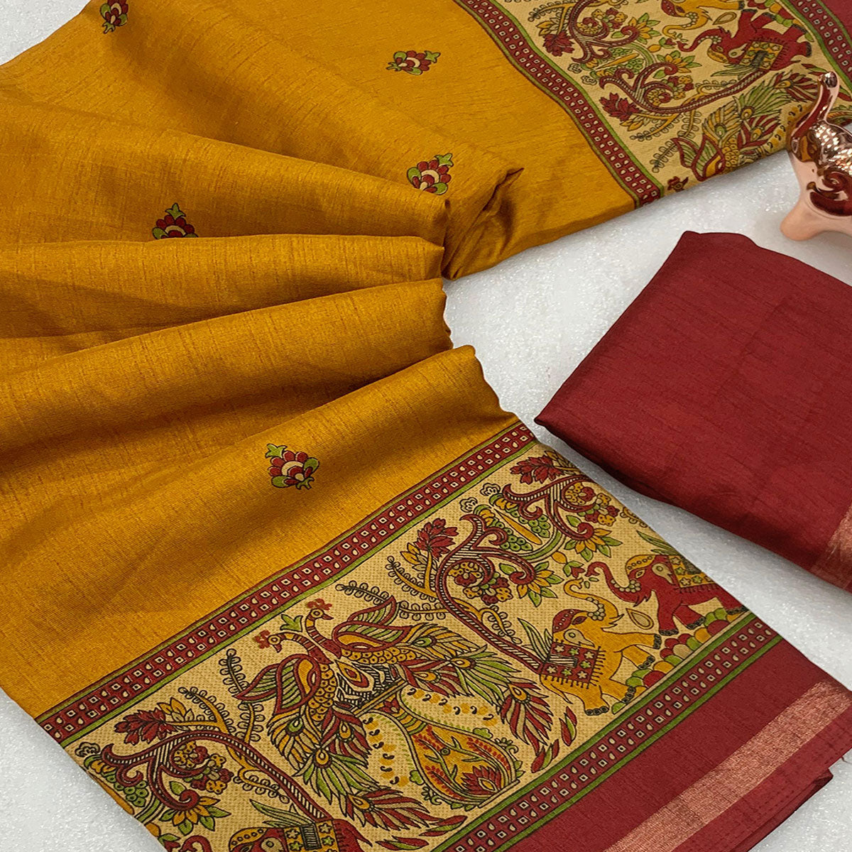 Mustard Cotton Blend Saree with Ethnic Kashmiri-Inspired Paisley Design