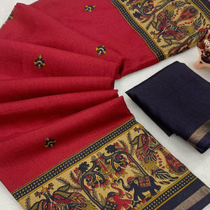 Red Cotton Blend Saree with Ethnic Kashmiri-Inspired Paisley Design