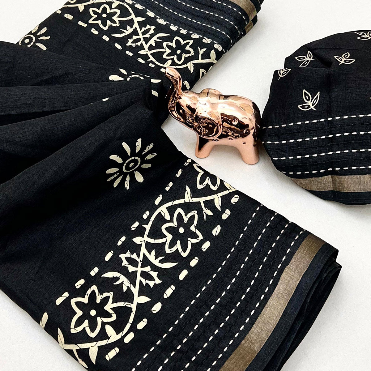 Black Floral Printed Cotton Crepe Saree With Katha & Zari Border