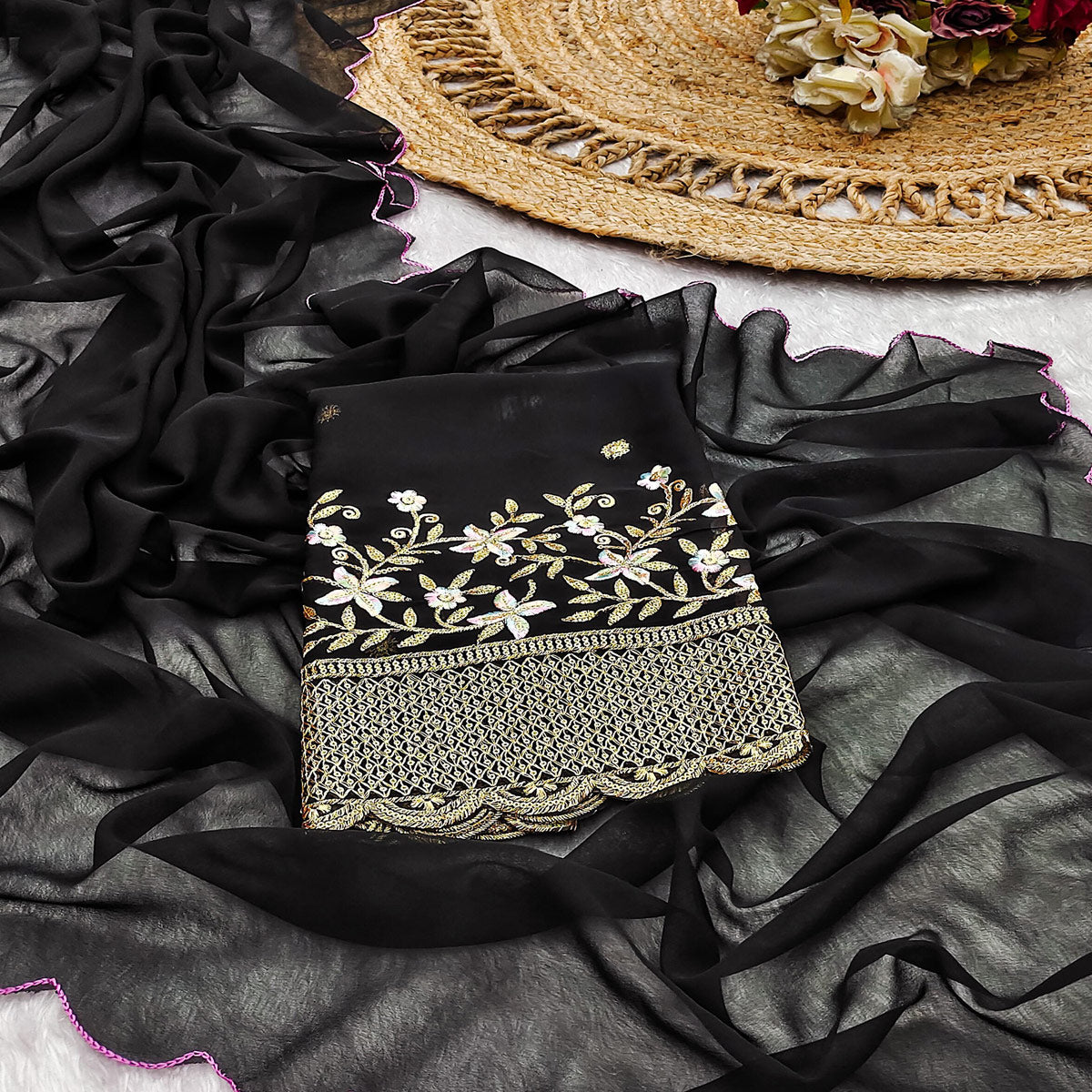 Black Solid Georgette Saree With Embroidered Border