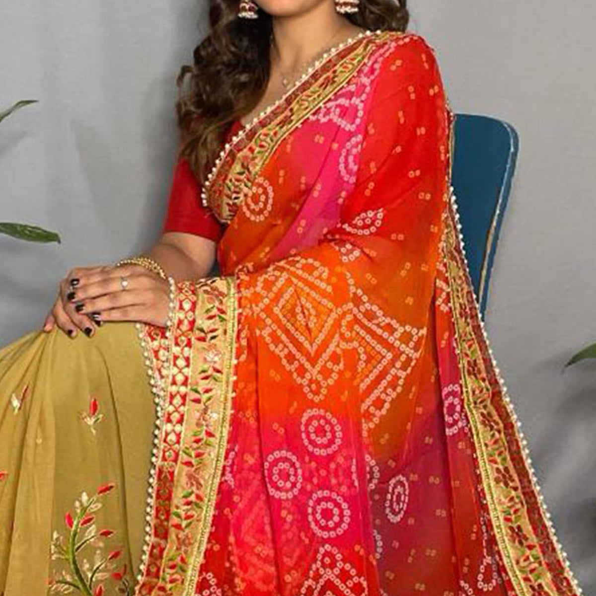 Mustard & Pink Bandhani Printed Chiffon Half & Half Saree