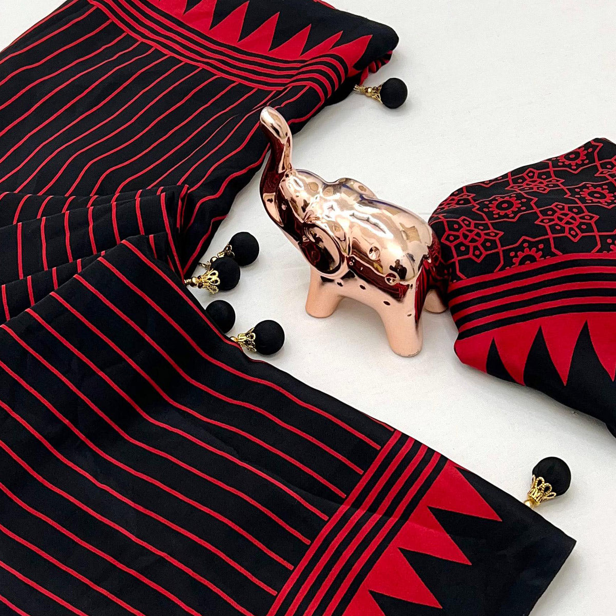 Black Satin Saree with All-Over Striped Print Partywear Essential