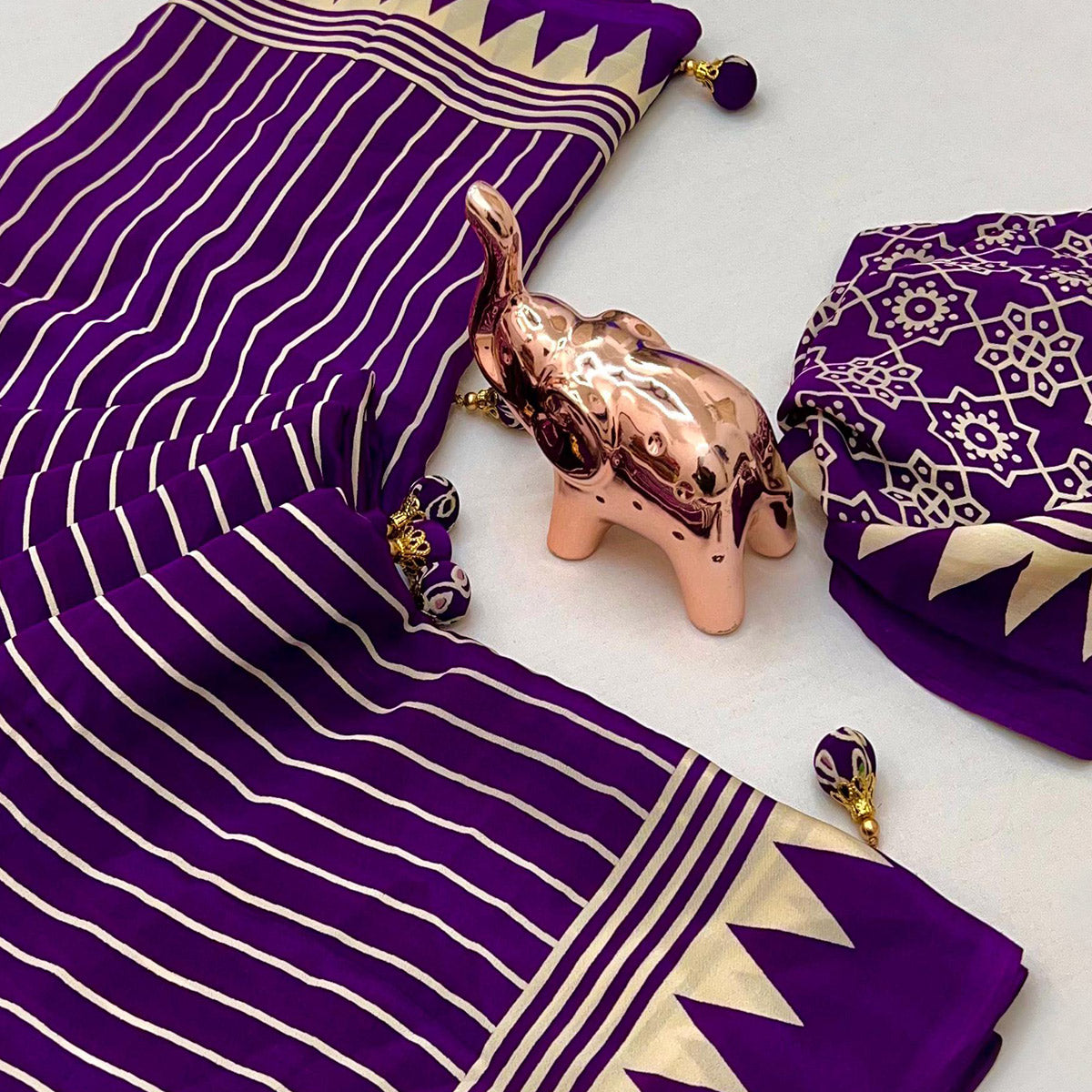 Purple Satin Saree with All-Over Striped Print Partywear Essential