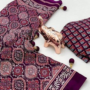 Purple Beauty Pure Satin Saree with Ajrakh Print Detailing