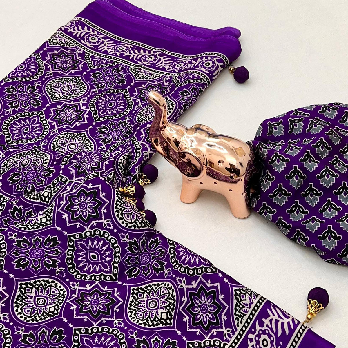 Violet Beauty Pure Satin Saree with Ajrakh Print Detailing
