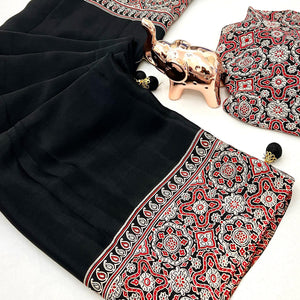Black Satin Saree Showcasing Rich Ajrakh Printed Design & Tassel Finished Pallu