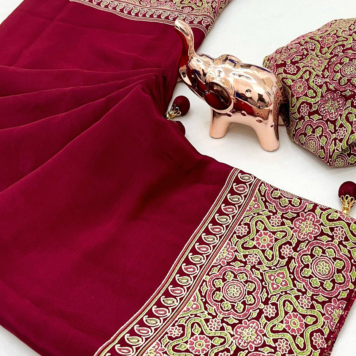 Maroon Satin Saree Showcasing Rich Ajrakh Printed Design & Tassel Finished Pallu