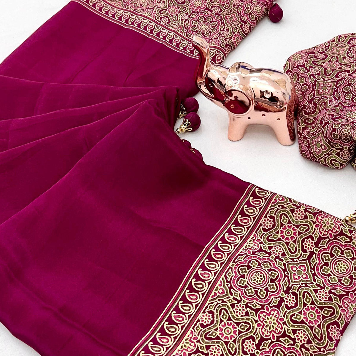Pink Satin Saree Showcasing Rich Ajrakh Printed Design & Tassel Finished Pallu