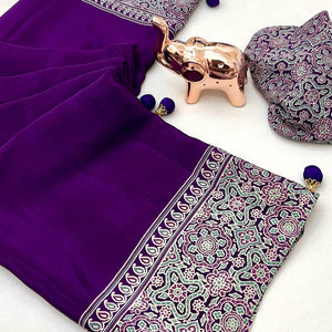Purple Satin Saree Showcasing Rich Ajrakh Printed Design & Tassel Finished Pallu