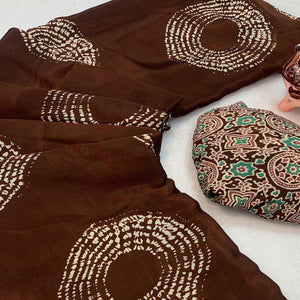 Brown Satin Saree Adorned With Authentic Ajrakh Print & Stylish Tassel Pallu
