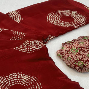 Maroon Satin Saree Adorned With Authentic Ajrakh Print & Stylish Tassel Pallu