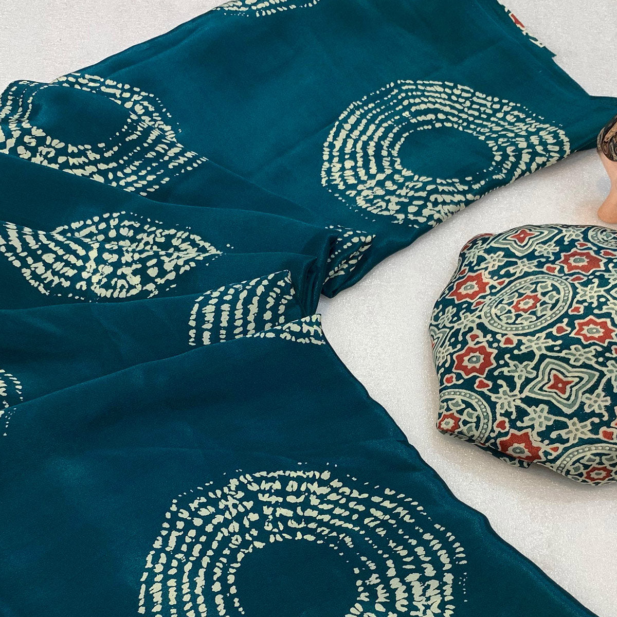 Teal Satin Saree Adorned With Authentic Ajrakh Print & Stylish Tassel Pallu