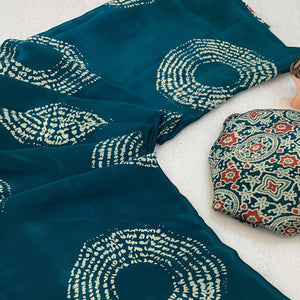 Teal Satin Saree Adorned With Authentic Ajrakh Print & Stylish Tassel Pallu