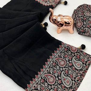 Black Satin Saree In Ajrakh Floral Print With Tassel Adorned Pallu