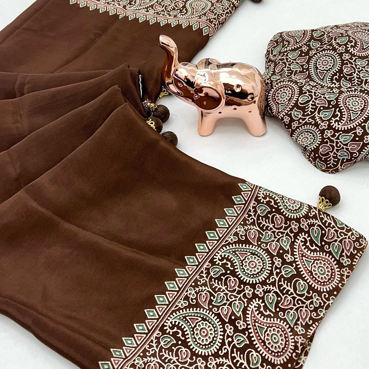 Brown Satin Saree In Ajrakh Floral Print With Tassel Adorned Pallu